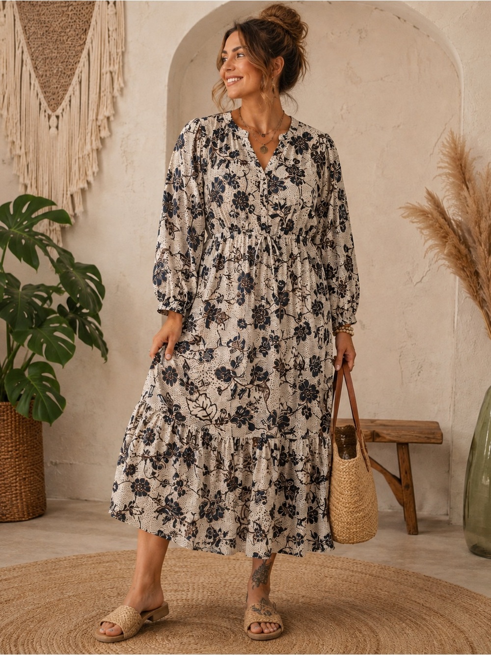 Sugarlips Cream Maxi Dress with Navy Floral Print PTP 27